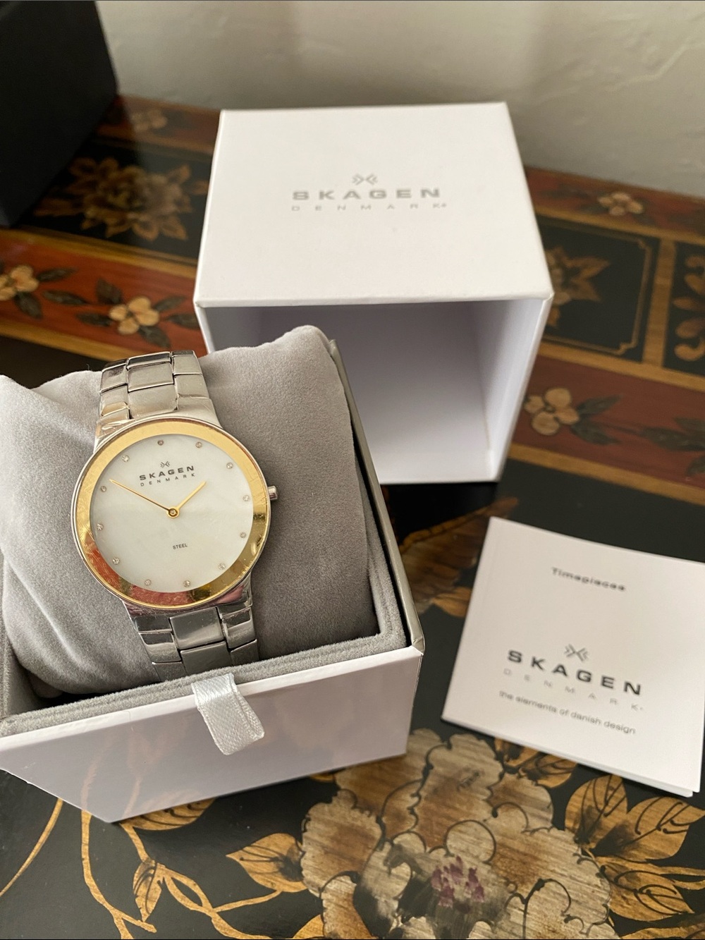 Skagen Two-Tone Silver and Gold Stainless Steel Watch w gift box and booklet